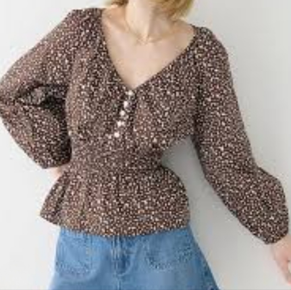 NWT J.Crew 100% Cotton Boho Brown Floral Balloon Sleeve Smocked Blouse Large